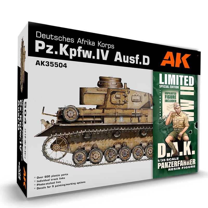 AK INTERACTIVE 1/35 PZ.KPFW.IV AUSF.D DEUTSCHE AFRIKA KORPS PLASTIC MODEL KIT LIMITED EDITION WITH PANZERFAHRER