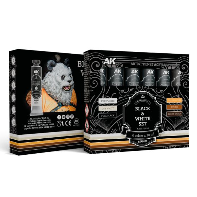 AK INTERACTIVE ARTIST DENSE ACRYLIC COLOR BLACK AND WHITE SET (6 TUBES 20 ML)