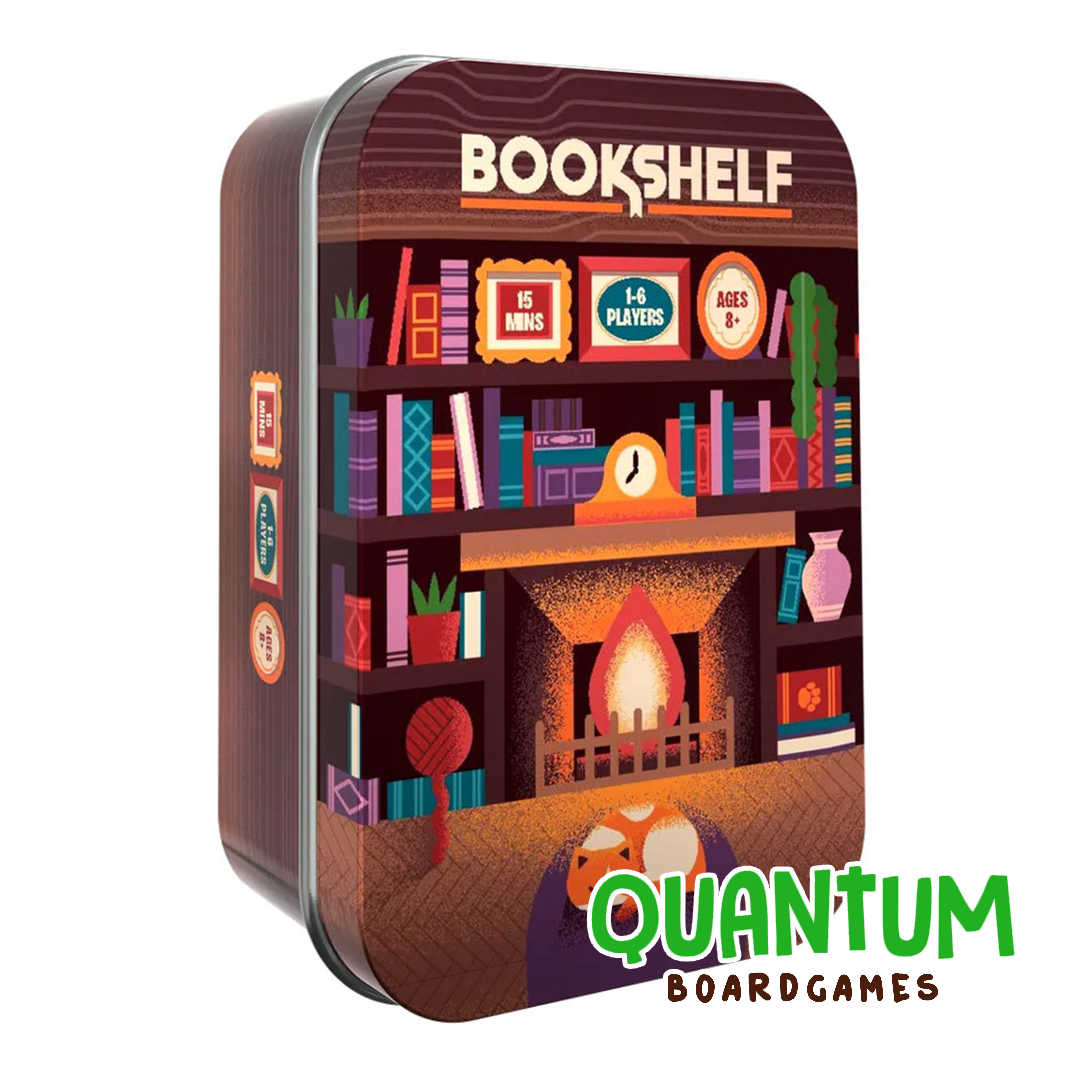 Bookshelf juego de mesa de destreza y equilibrio con cartas y libros en presentación de lata