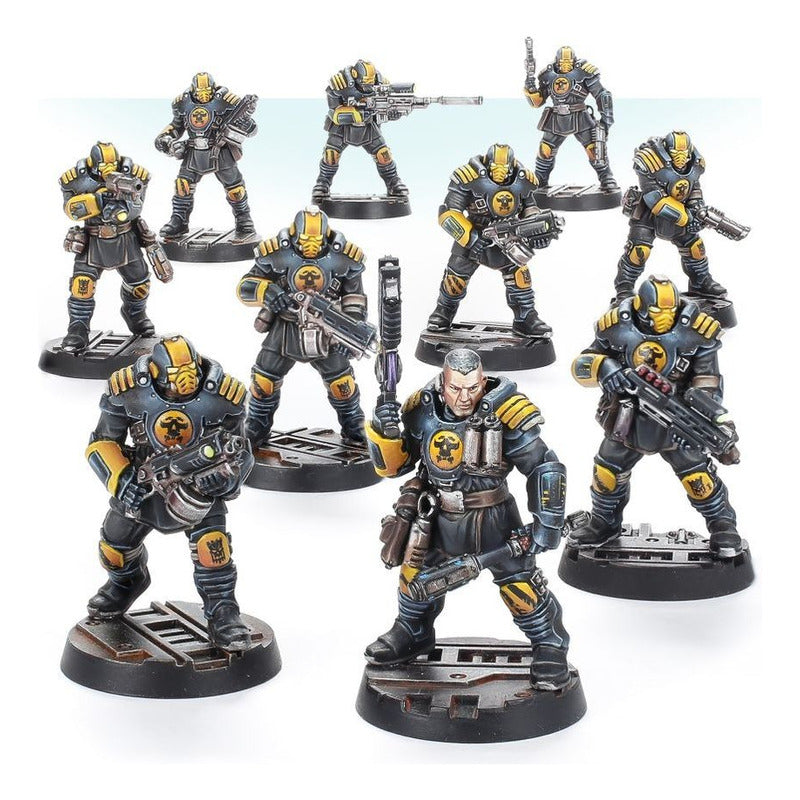 Caja Palanite Enforcer Patrol Necromunda Games Workshop con miniaturas y armas
