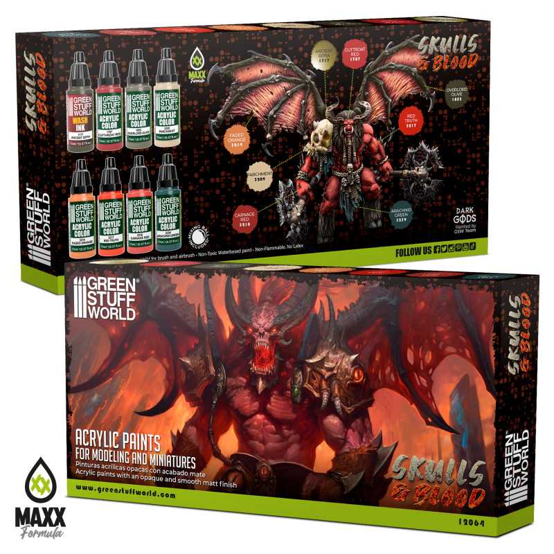 GREEN STUFF WORLD PAINT SET SKULLS AND BLOOD (BOX X8)